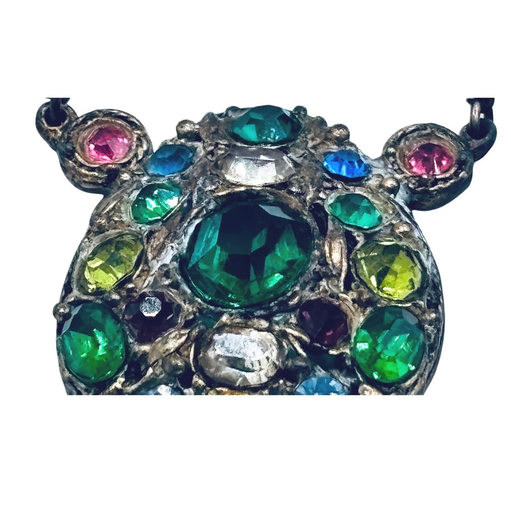 Antique 1929 Art Deco Czech Multi Color Rhinestone Necklace Silver Tone
